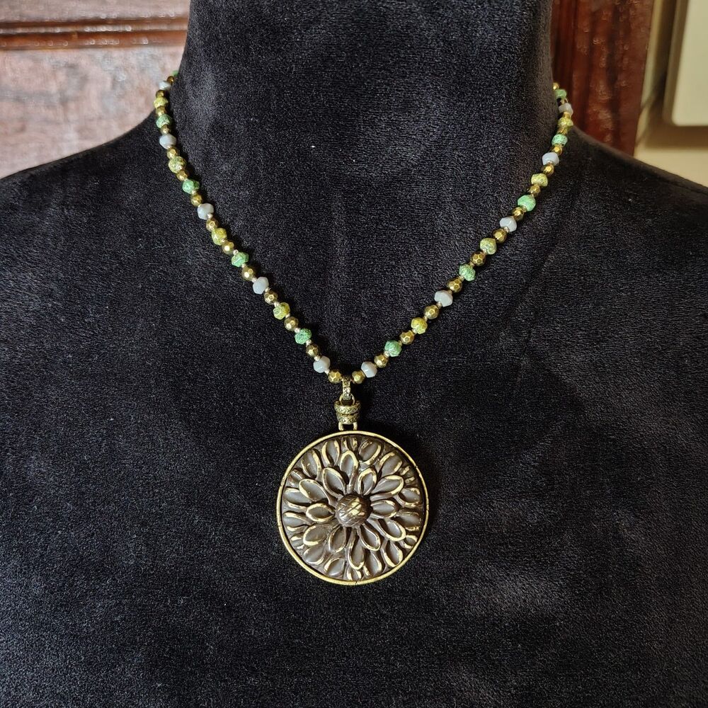 Boho Large Carved Flower Pendant Inlay Brass Hippie Necklace/J122